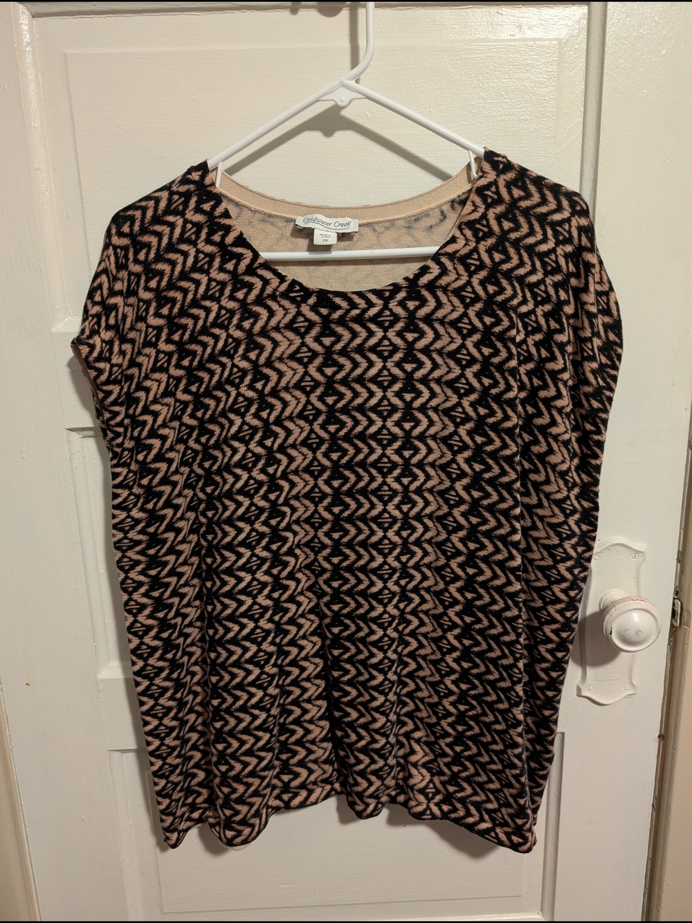 Bohemian Black and Beige Geometric Sleeveless Blouse Coldwater Creek 2X